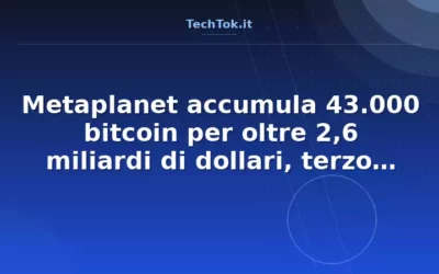 Metaplanet accumula 43.000 bitcoin per oltre 2,6 miliardi di dollari, terzo detentore a…